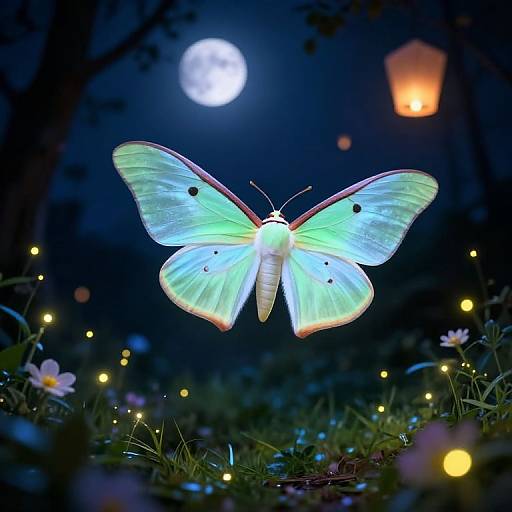 Glowing blue-green moth with black spots, illuminated by moonlight and lantern, amidst twinkling fireflies and white flowers in a dark, enchanted