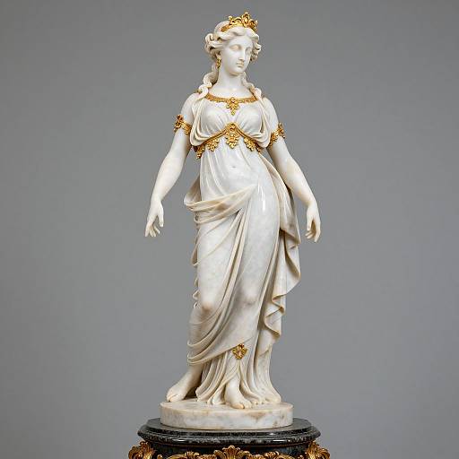 Photograph of a white marble statue of a classical goddess with flowing drapery, gold accents, and a crown, standing on a black pedestal against