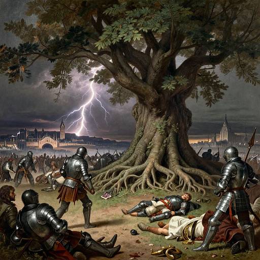 Painting of medieval battle: armored knights fight under a lightning-struck tree, with fallen soldiers and a distant cityscape at night.