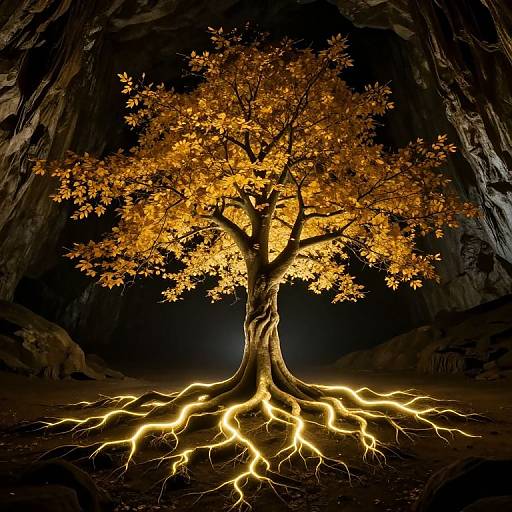 Photograph of a glowing orange tree with illuminated roots in a dark cave, showcasing vibrant, ethereal energy and contrasting textures.