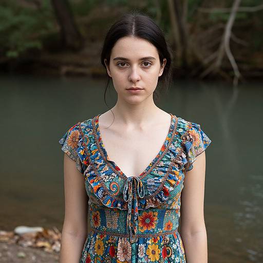 Photograph of a pale-skinned woman with dark hair, wearing a colorful floral dress, standing in front of a forested lake.