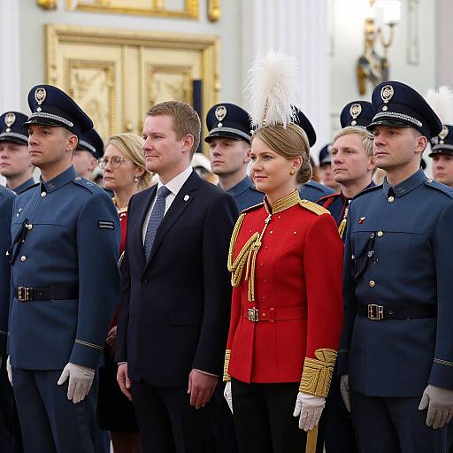 Photograph of a formal ceremony: Prince William in a black suit, Kate Middleton in a red military-style jacket, flanked by British guards in blue