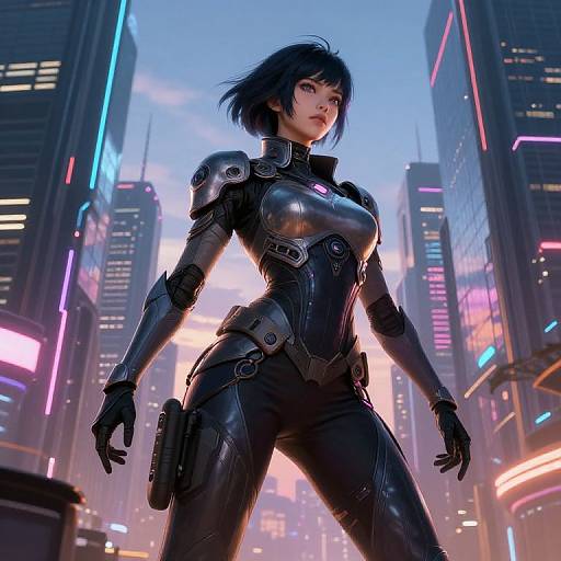 CGI cyberpunk image of a confident woman in a black, armored bodysuit, standing in a neon-lit cityscape at dusk.