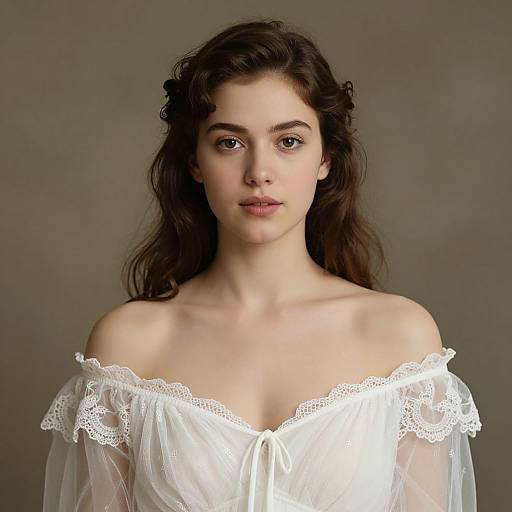 Photograph of a young woman with fair skin, dark wavy hair, and brown eyes, wearing an off-shoulder white lace-trimmed
