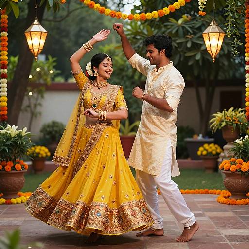 Photograph of a South Asian couple dancing in a garden, wearing traditional yellow and white attire, surrounded by marigold garlands and lanterns.