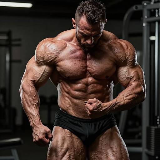 Photograph of a muscular, bearded man with tanned skin, wearing black briefs, standing in a dimly lit gym, showing defined muscles