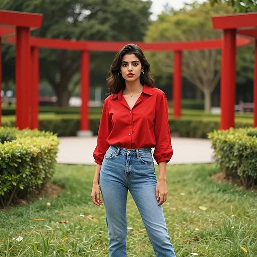 Young Woman in Red Blouse Standing by Red Arches in Park
