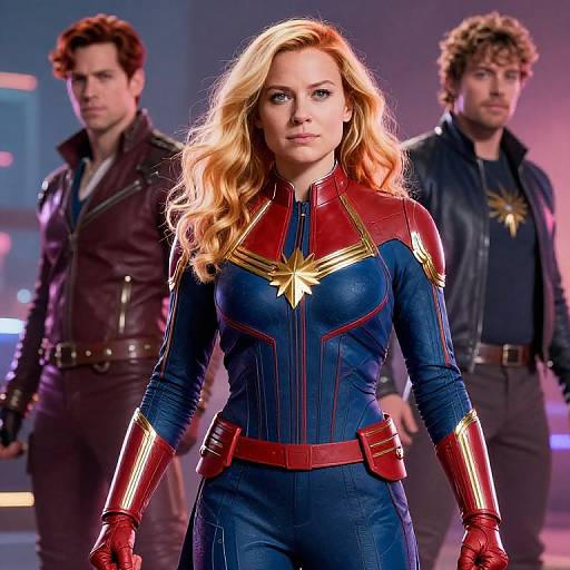 Photograph of a blonde woman in a blue and red superhero suit with gold star, flanked by two men in leather jackets.
