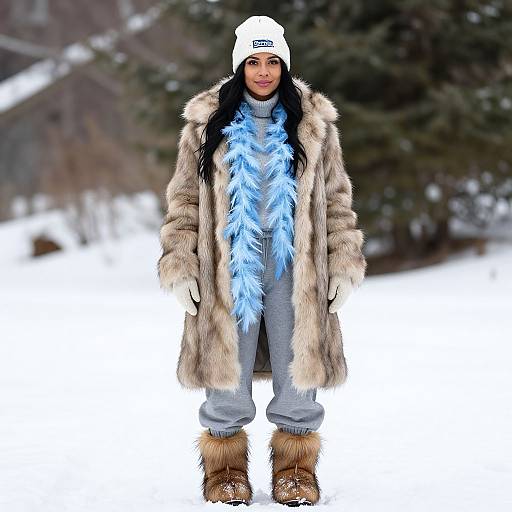 Photograph of a woman with long black hair, wearing a white beanie, fur coat, blue feather scarf, grey pants, and fur boots,