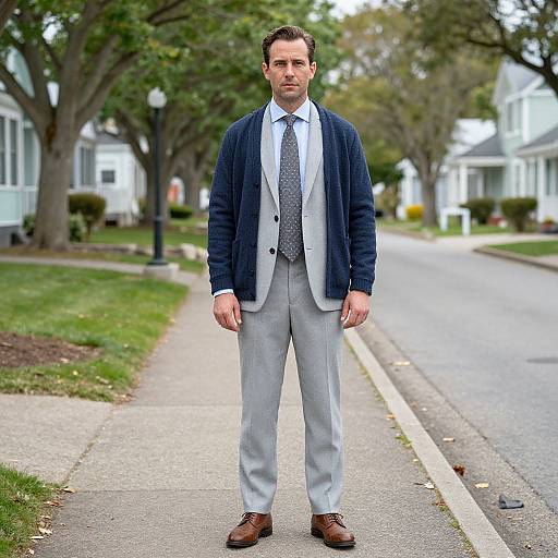 Photograph of a handsome, bearded man in a navy blazer, gray pants, and brown shoes, standing on a suburban sidewalk.