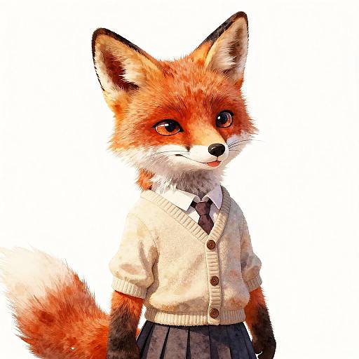 Digital illustration of an anthropomorphic fox with orange fur, wearing a cream cardigan, white shirt, black tie, and grey skirt, against a white