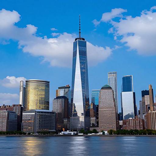 Photograph of New York City skyline featuring One World Trade Center with reflective glass, surrounded by various skyscrapers, under a bright blue sky with scattered