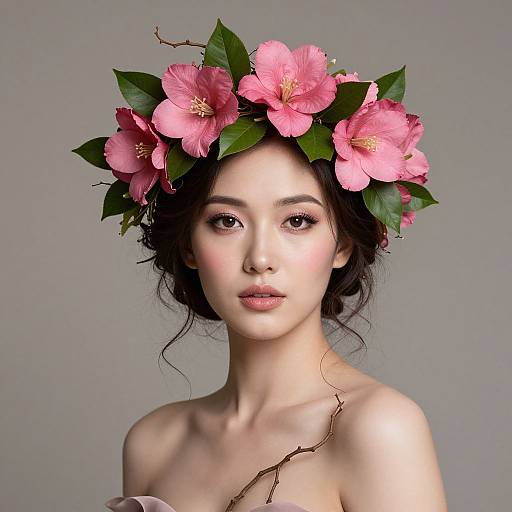 Digital portrait of an Asian woman with fair skin, wearing a pink flower crown with green leaves, and bare shoulders, against a gray background.
