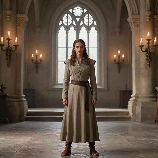 Medieval Woman in Light Brown Tunic Standing in Grand Hall