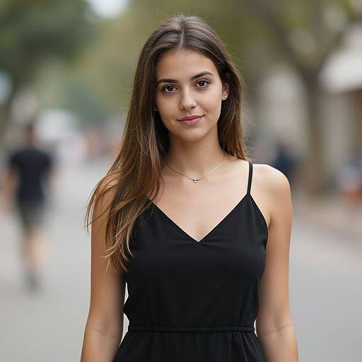 Photograph of a young woman with long brown hair, wearing a black V-neck dress and gold necklace, standing on a blurred street with trees and people