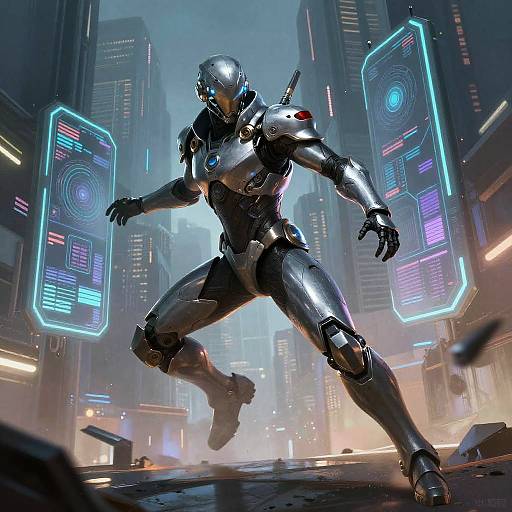 Futuristic Hunter Streaming Through Cyberportals