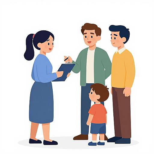 Digital illustration of a family with a female therapist in blue uniform, writing notes, surrounded by a father, mother, and young son. Simple, colorful