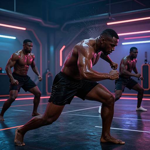 Photograph of three muscular, shirtless Black men in black shorts, sweating and boxing in a neon-lit, futuristic gym. Front man in focus