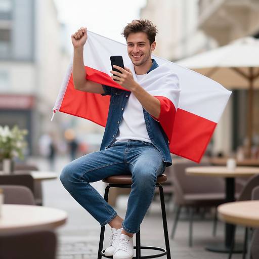Photograph of a smiling, brown-haired man in a white shirt and blue jeans, sitting on a stool, waving a Polish flag, taking a selfie