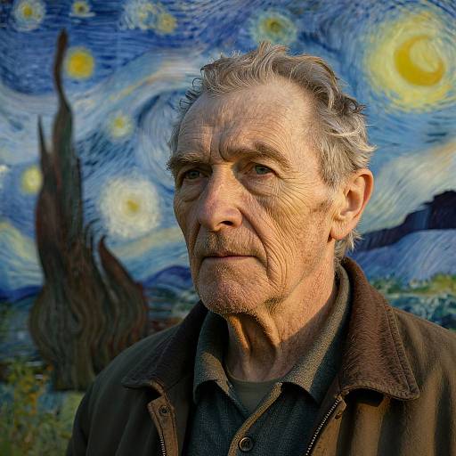 Photograph-style digital artwork of an elderly man with gray hair and mustache, wearing a brown jacket, set against a vivid Vincent van Gogh-style