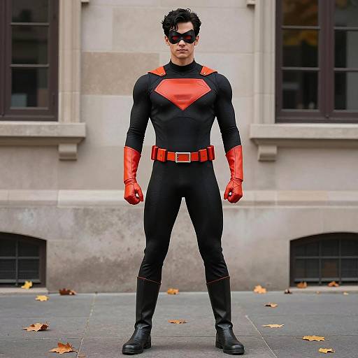 Male Superhero in Black and Red Costume Standing Outdoors