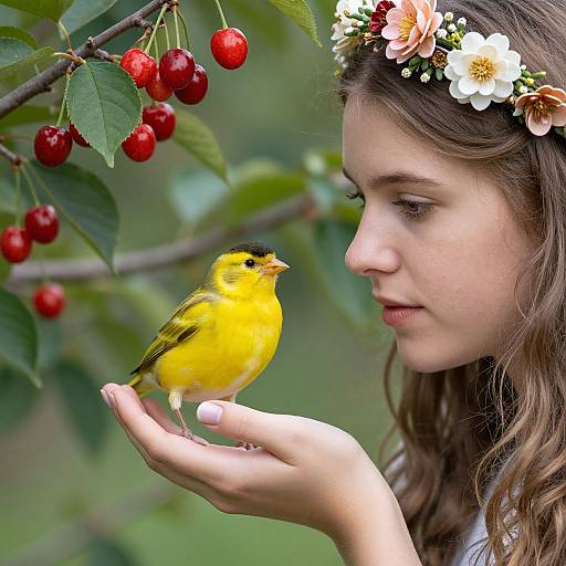Photograph of a young woman with a flower crown, holding a vibrant yellow bird with red cherries in the background.
