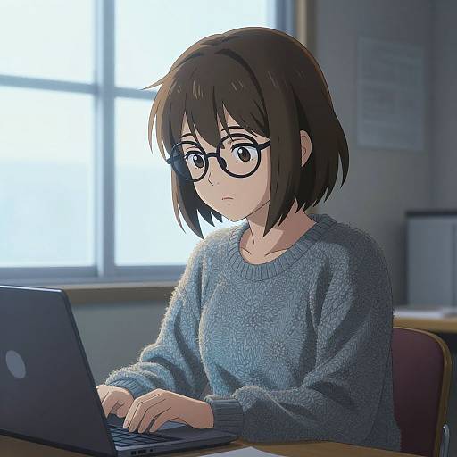 Anime-style digital drawing of a short-haired, glasses-wearing girl in a gray sweater, focused on typing on a laptop in a brightly lit room.