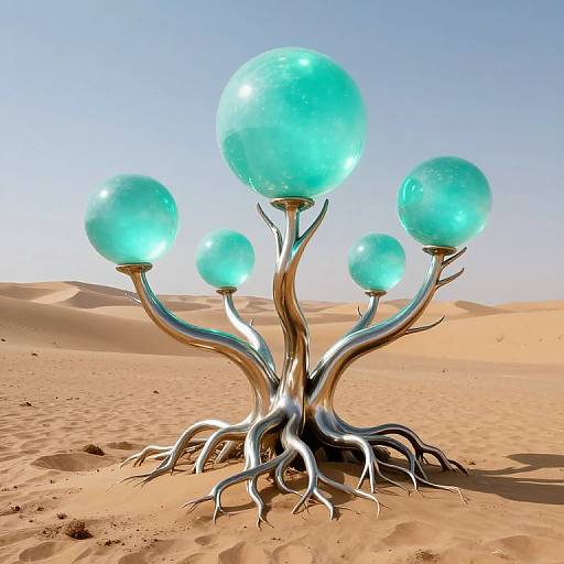 Photorealistic CGI of a surreal desert tree with five glowing, turquoise orbs on metallic branches, set against a clear blue sky and sandy dunes.