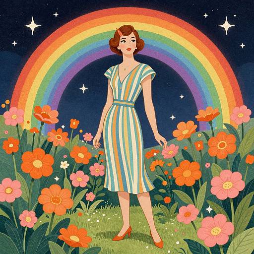 Illustration of a red-haired woman in a striped dress and red shoes, standing in a field of orange and pink flowers, with a rainbow and stars