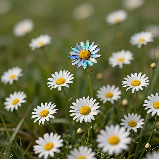 Photograph of a vibrant blue glowing daisy among white daisies with yellow centers, set against a blurred green grass background.