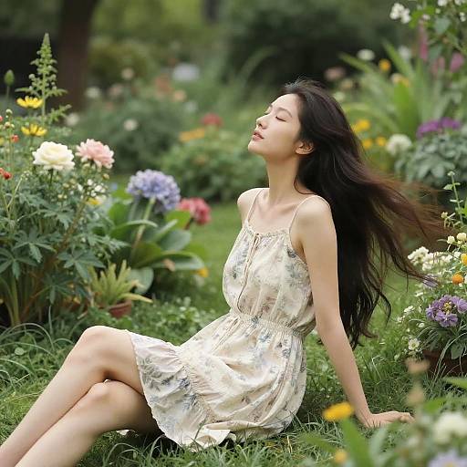 Photograph of an Asian woman with long black hair, eyes closed, sitting in a vibrant, colorful garden, wearing a white, sleeveless, floral