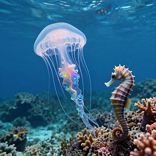 Photograph of a glowing, translucent jellyfish with long, wavy tentacles floating above a colorful coral reef with a brown seahorse.