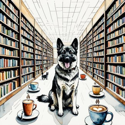 Whimsical Norwegian Elkhound in Library with Coffee Cups