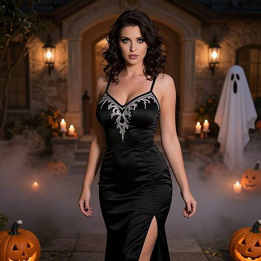 Photograph of a curvy, dark-haired woman in a black, lace-trimmed Halloween dress with a thigh slit, standing in a spooky,