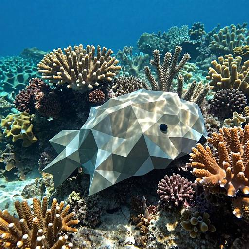 Photograph of a geometric, crystal-like fish with a transparent, faceted body, swimming among colorful coral and sea anemones underwater.