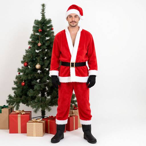 Photograph of a bearded man in a classic Santa Claus outfit, standing in front of a decorated Christmas tree with wrapped gifts.