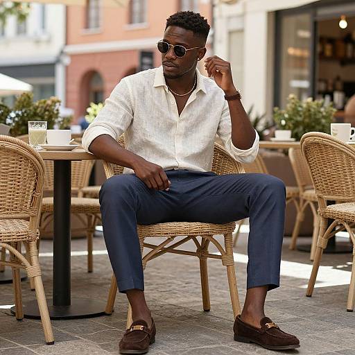 Photograph of a Black man with short curly hair, wearing sunglasses, white shirt, blue pants, brown loafers, sitting at an outdoor café.