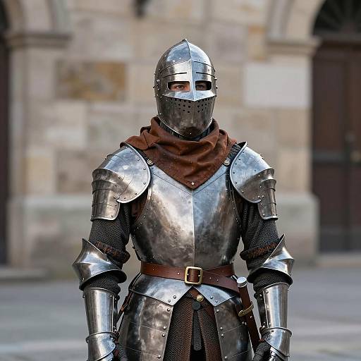 Man in Medieval Knight Armor with Brown Scarf