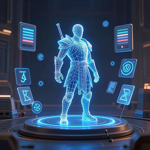 CGI image of a glowing blue wireframe warrior with a sword, standing on a circular neon platform, surrounded by floating holographic symbols in a dark