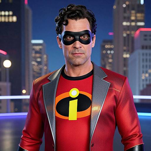 Photograph of a man in a red superhero suit with black mask, yellow and black logo, silver lapels, cityscape background at night.