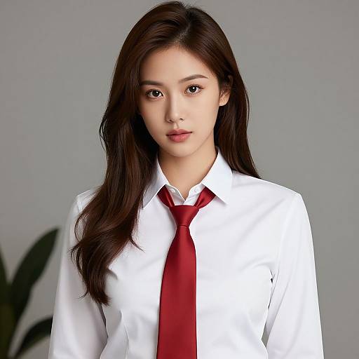 Photograph of an Asian woman with long, dark hair wearing a white button-up shirt and red tie, standing against a plain gray background.