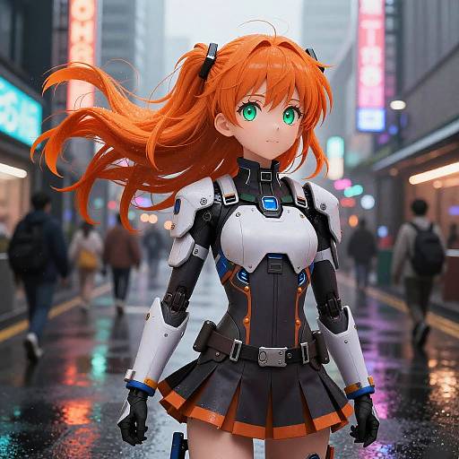 Digital anime-style drawing of a red-haired girl with green eyes, wearing a futuristic armored outfit, standing in a neon-lit, rainy city street.