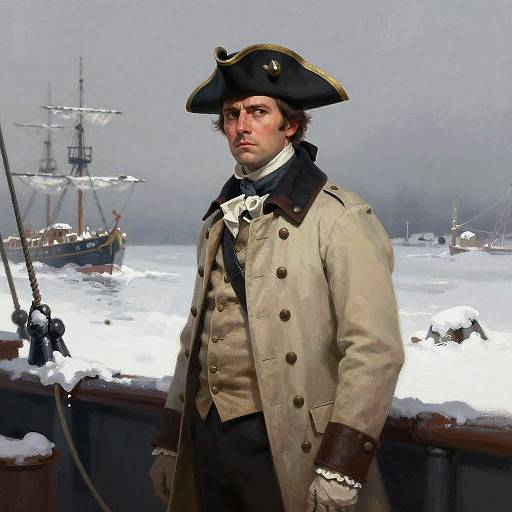 Photograph of a stern-faced 18th-century sailor in a beige coat, black tricorn hat, and white cravat, standing on a