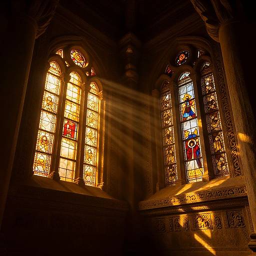 Photograph of sunbeams streaming through ornate, colorful stained glass windows in a dimly lit Gothic cathedral, casting golden light.