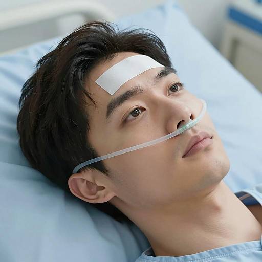 Young man with nasal cannula resting in hospital bed