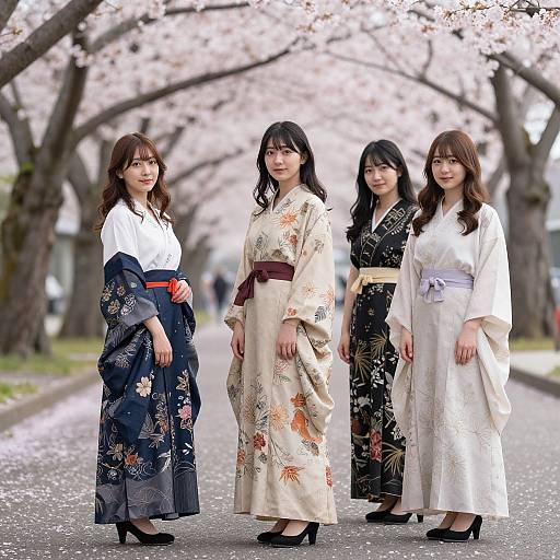 Photograph of four Japanese women in traditional kimonos, standing on a cherry blossom-lined street, wearing black high heels.
