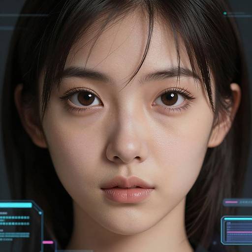 CGI close-up of a young East Asian woman with smooth skin, dark brown eyes, and straight black hair, set against a dark, futuristic digital
