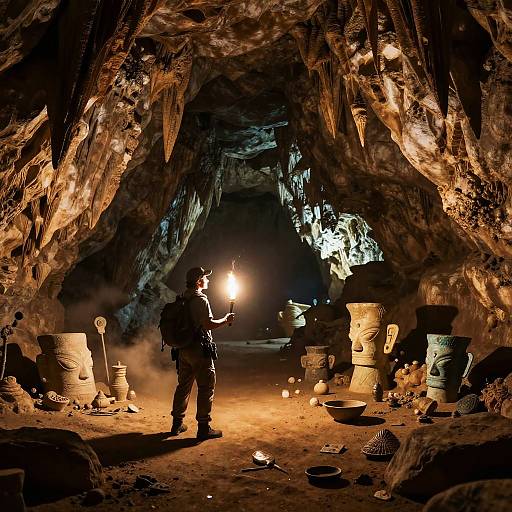 Explorer Illuminating Ancient Cavern Artifacts