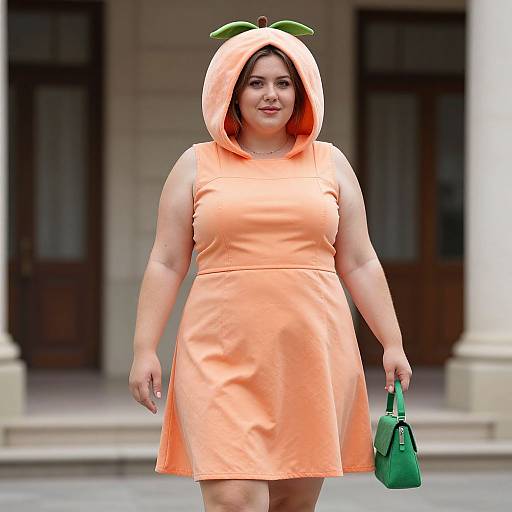 Photograph of a plus-sized woman with fair skin wearing a peach-colored, carrot-themed dress and hood, holding a green handbag, standing in front