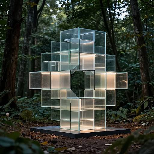 Geometric Glass Sculpture in Forest